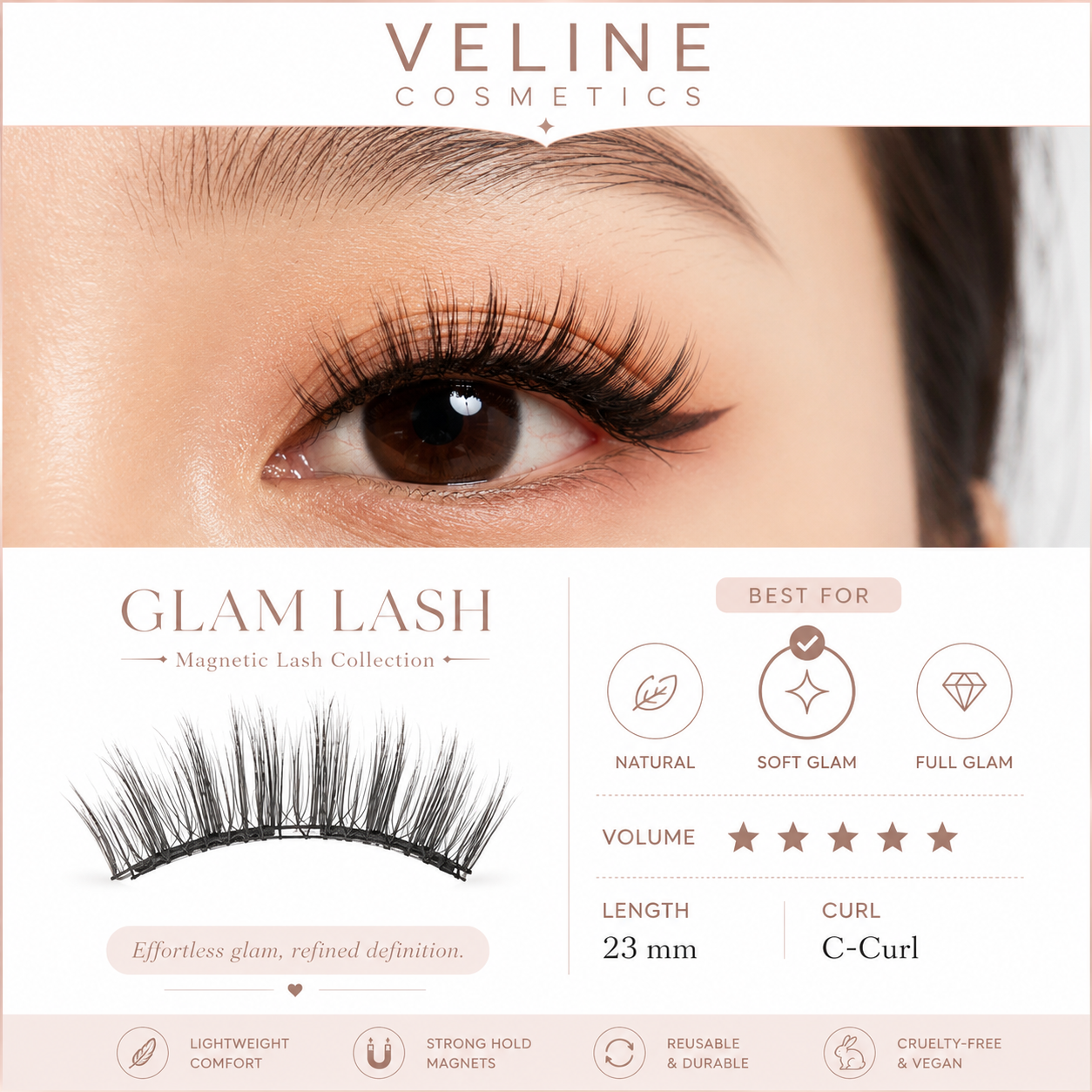 Veline Glam Lash infographic – C-Curl 23mm magnetic lash collection
