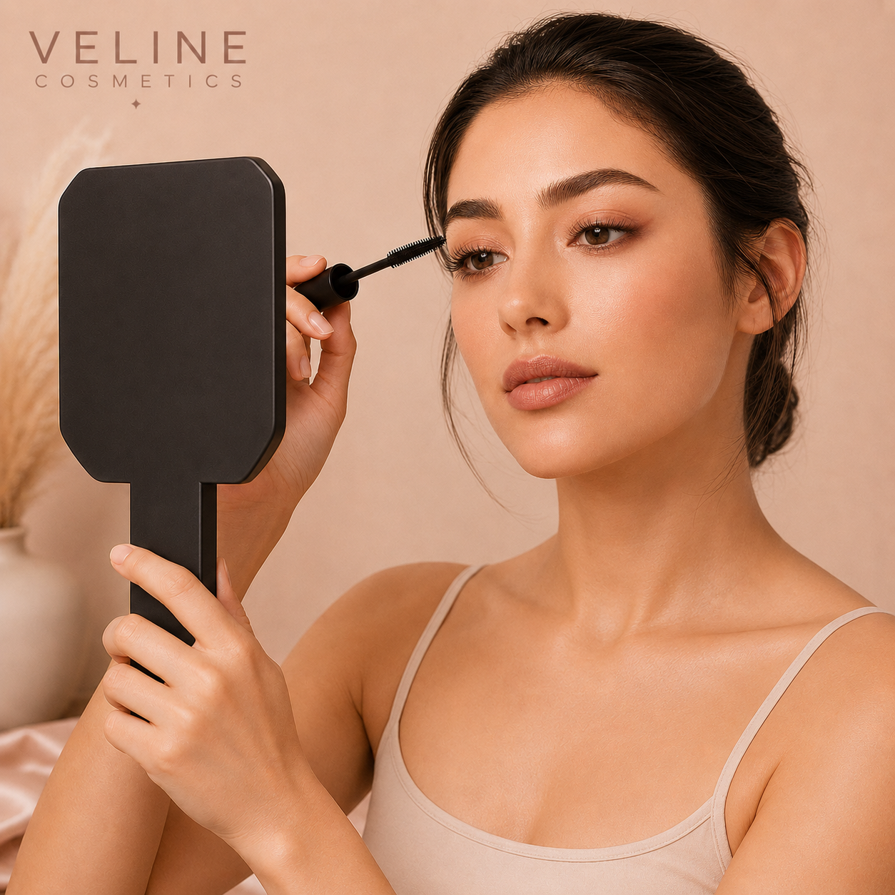 Veline Compact Mirror with model – on-the-go beauty essential