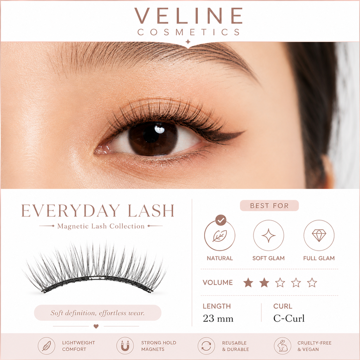 Veline Everyday Lash infographic – C-Curl 23mm magnetic lash collection